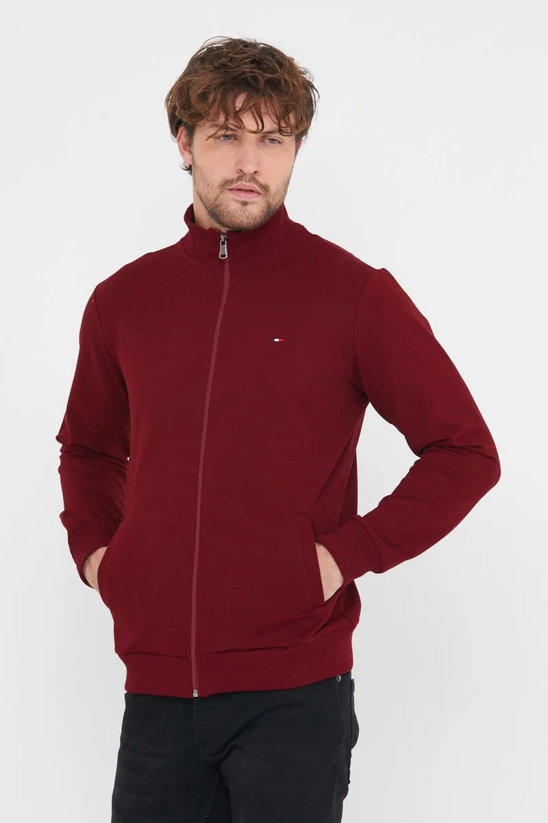 mmetalic Men's Burgundy Long Sleeve Front Zipper Cardigan