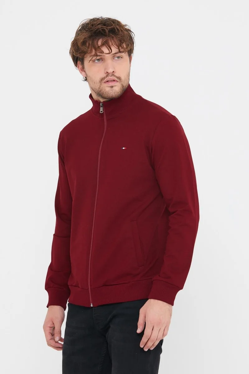 mmetalic Men's Burgundy Long Sleeve Front Zipper Cardigan