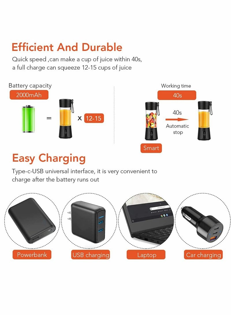 Portable Blender, Travel Blender, Mini Blender, Personal Mixer Fruit Rechargeable with USB, 380ml, Fruit Juice for Great Mixing (Black) - Image 2