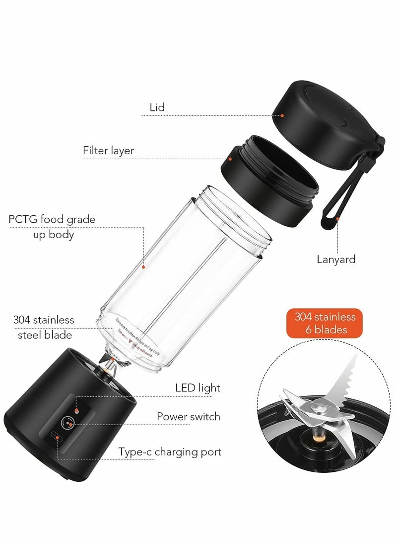 Portable Blender, Travel Blender, Mini Blender, Personal Mixer Fruit Rechargeable with USB, 380ml, Fruit Juice for Great Mixing (Black) - Image 3
