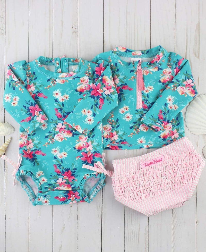 RuffleButtsÂ® Girls Fancy Me Floral Long Sleeve Rash Guard Bikini - 7 - Image 3