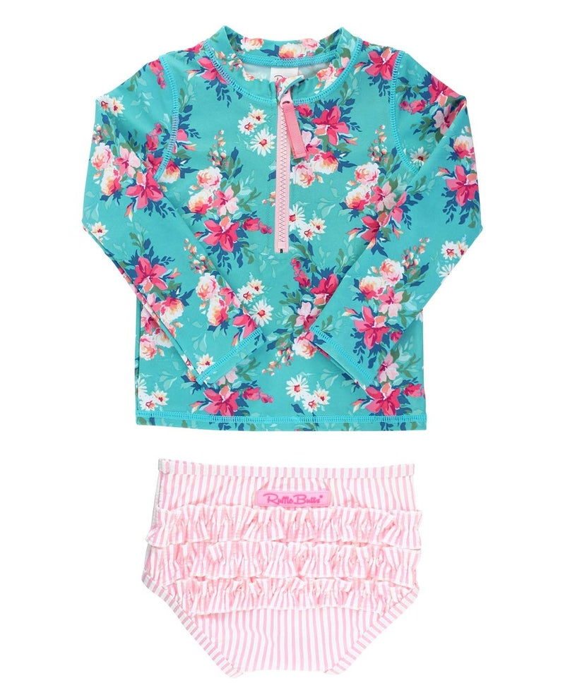 RuffleButtsÂ® Girls Fancy Me Floral Long Sleeve Rash Guard Bikini - 7 - Image 1