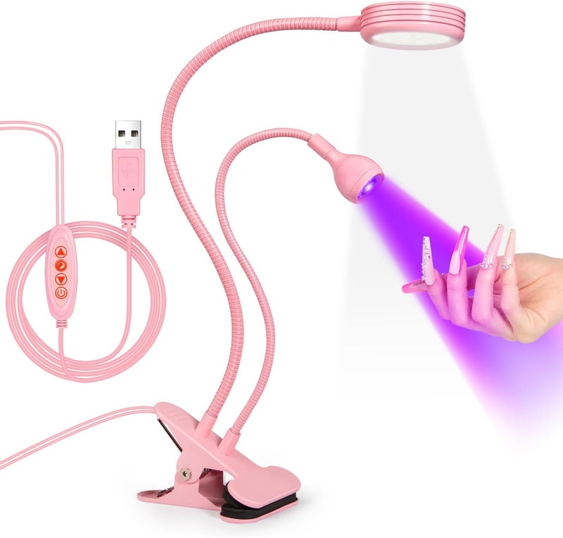 AORAEM LED UV Nail Lamp Double-Headed Gooseneck UV Light for Gel Nails, Portable Flash Cure Lamp with Gooseneck and Clamp, Rotatable & 4 Gear Brightness, Home Professional DIY Manicure Salon, Pink