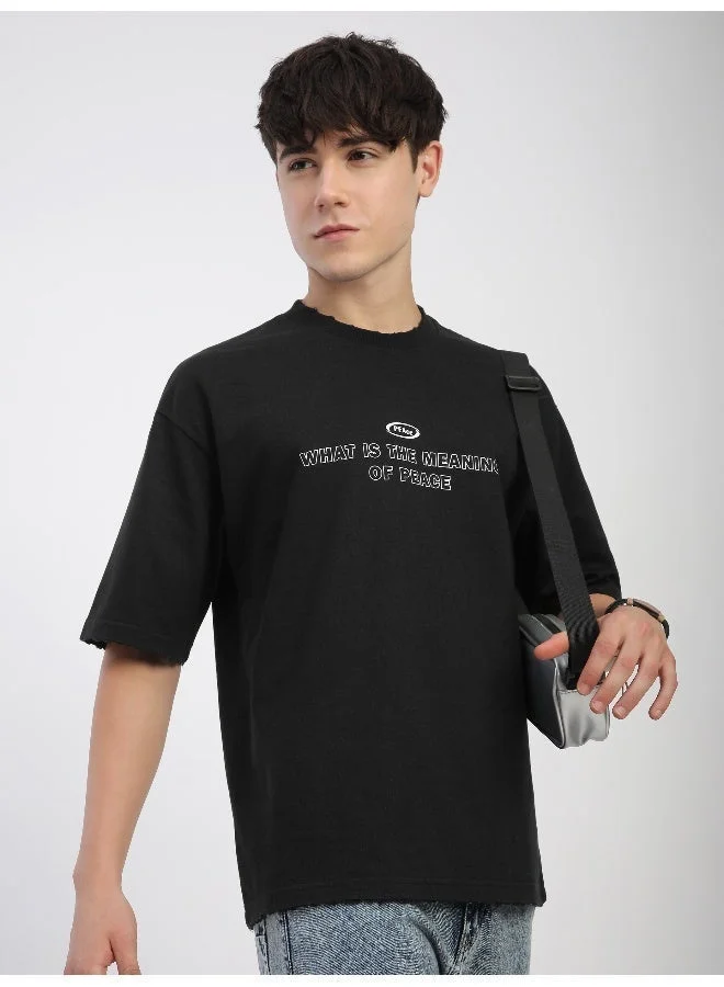Beyoung Black Peace Printed Ribbed Edge Oversized T-Shirt