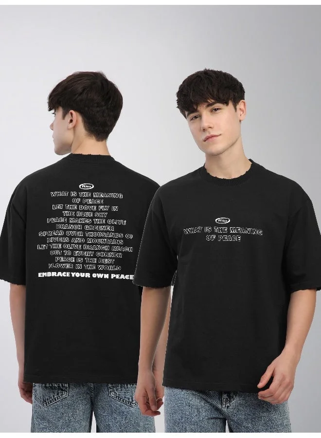 Beyoung Black Peace Printed Ribbed Edge Oversized T-Shirt