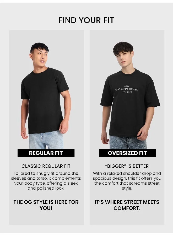 Beyoung Black Peace Printed Ribbed Edge Oversized T-Shirt