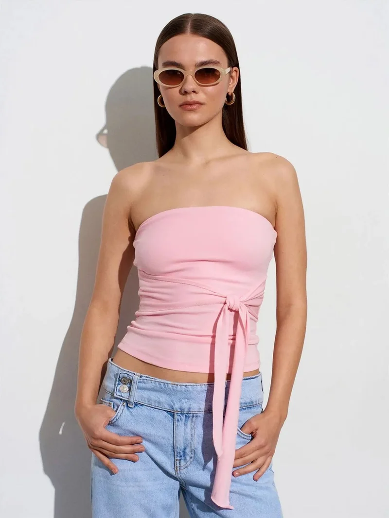 Dilvin Dilvin Strapless Slim-Fit Jersey Blouse With Tie Detail