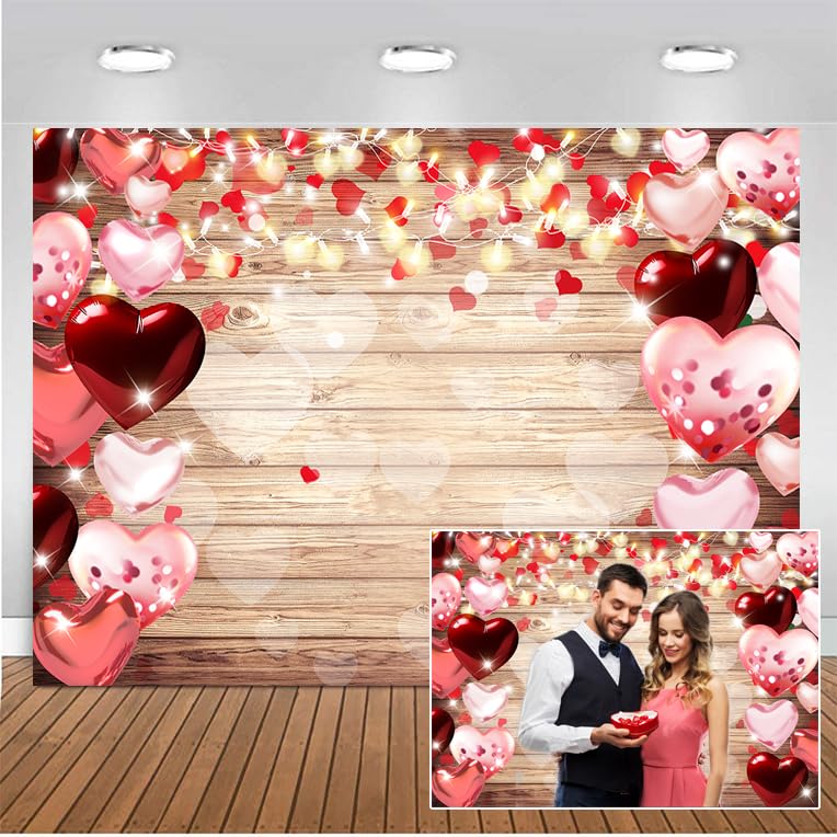 CHAIYA 8x6ft Valentine's Day Backdrop Wood Backdrop Vinyl Red Love Heart Valentine's Day Backdrops for Photography Mother's Day Party Bridal Shower Valentine Day Dessert Cake Table Decoration - Image 1