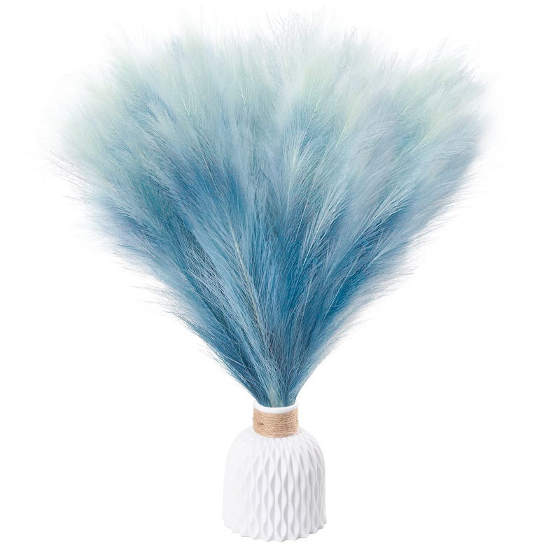 KALYLOC 8Pcs Faux Pampas Grass Decor 177 Inch Short Artificial Pompas Grass Plants Fake NonShedding Fluffy Artificial Flowers for Farmhouse Wedding Party Home DecorationsBlue