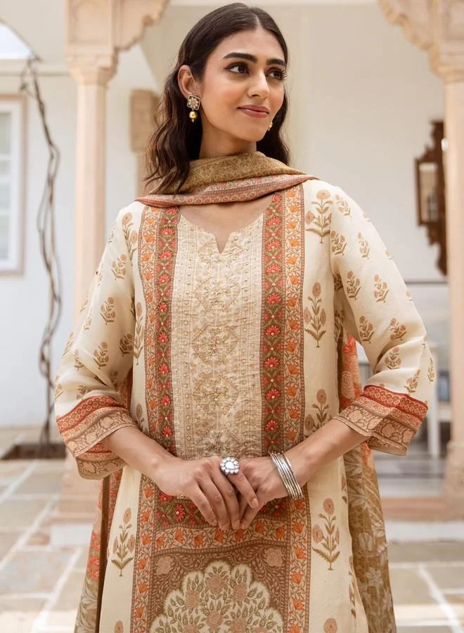 ISHIN Women'S Cream Rayon Embroidered Tunic Full Length Palazzo Straight Fit Kurta Set