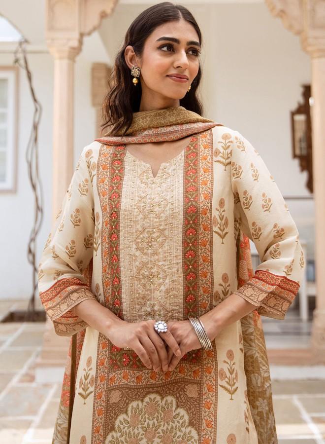 ISHIN Women'S Cream Rayon Embroidered Tunic Full Length Palazzo Straight Fit Kurta Set - Image 1