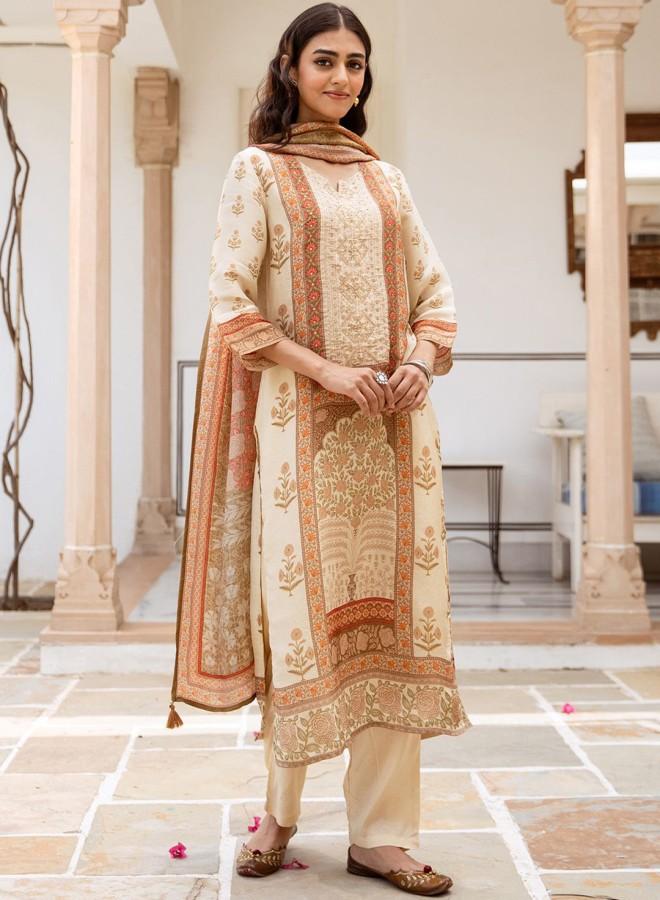 ISHIN Women'S Cream Rayon Embroidered Tunic Full Length Palazzo Straight Fit Kurta Set - Image 5