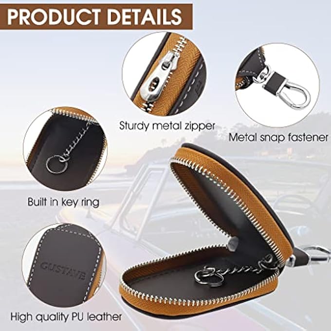 GUSTAVE CAR KEY CASE, SMART KEY HOLDER PROTECTION PU LEATHER CAR KEY CHAIN BAG CAR SMART KEYCHAIN COIN HOLDER AUTO REMOTE KEYRING WALLET (BROWN) - Image 2