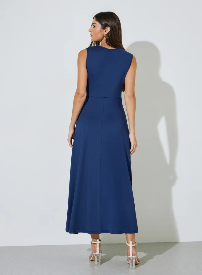 Styli  Navy Blue Solid Gathered Waist Sleeveless A-Line Maxi Dress for Women | Best Price UAE