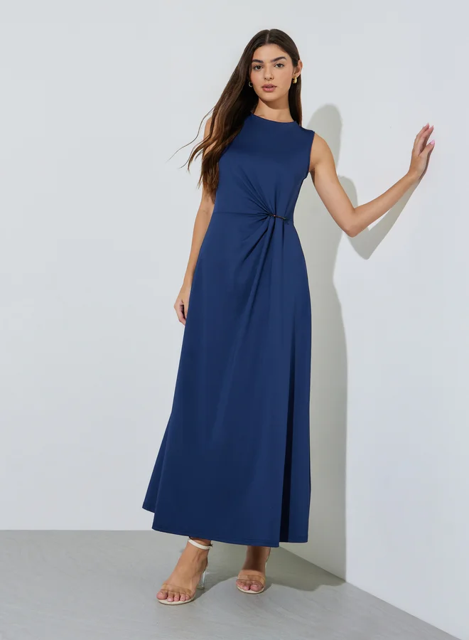 Navy Blue Solid Gathered Waist Sleeveless A-Line Maxi Dress