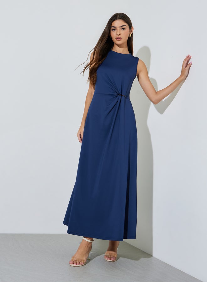 Styli Navy Blue Solid Gathered Waist Sleeveless A-Line Maxi Dress - Image 1
