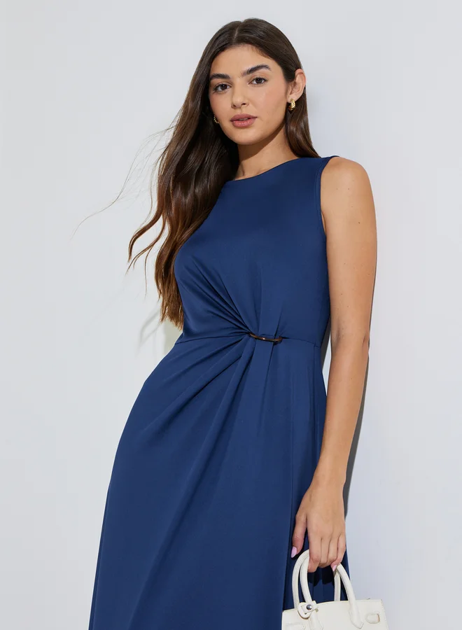 Styli  Navy Blue Solid Gathered Waist Sleeveless A-Line Maxi Dress for Women | Best Price UAE