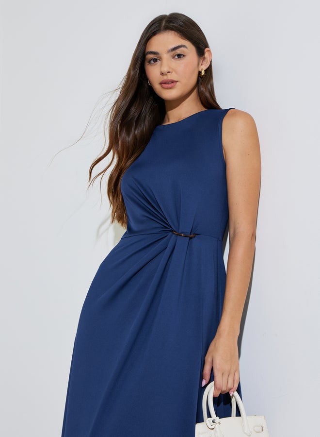 Styli Navy Blue Solid Gathered Waist Sleeveless A-Line Maxi Dress - Image 2
