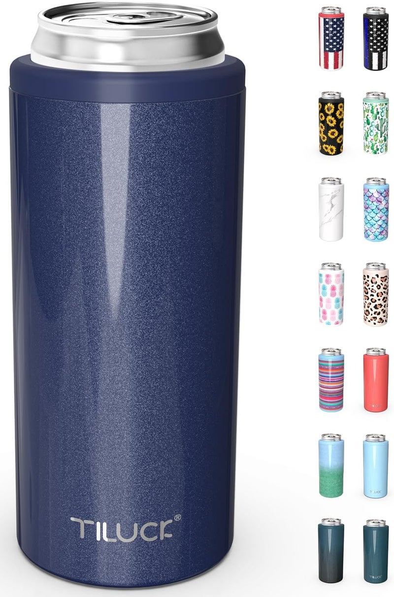 TILUCK Skinny Can Cooler for Slim Beer & Hard Seltzer, Stainless Steel, Doucle-Walled Stainless Steel Insulated Slim Cans, Standard 12 oz (Glitter Navy) - Image 1