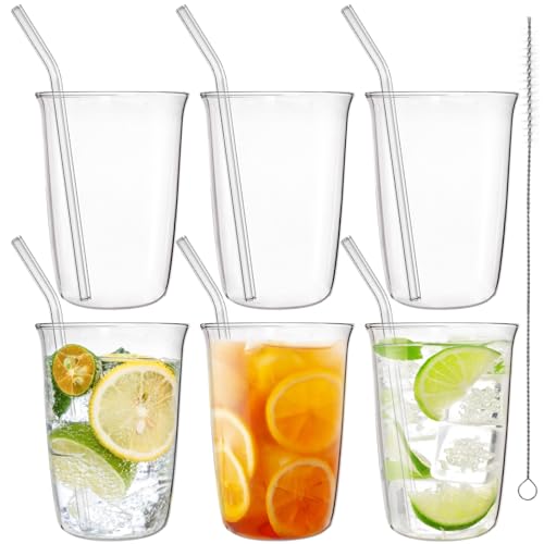 Nagpew 6 Piece Drinking Glasses 16 Oz Clear Water Glass Set with Straws Leadfree Highball Glass Cup Kitchen Glassware for Juice Beverage Cocktail Ice Tea Coffee Soda - Image 1