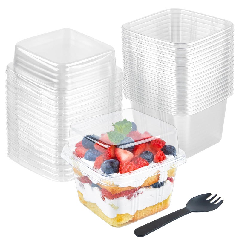 Qeirudu 50 Pack 8 oz Square Plastic Dessert Cups with Lids and Sporks Disposable Cake Cups Yogurt Parfait Containers for Fruit Pudding Mousse Ice Cream and Strawberry Shortcake