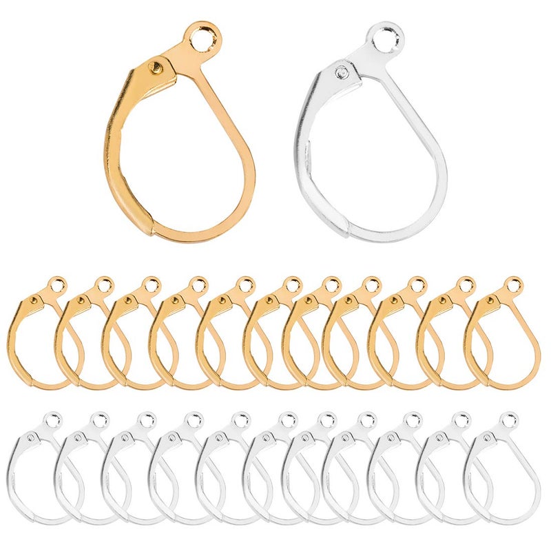 ANCIRS 100pcs Hypoallergenic Earring Hooks, Leverback Earwire, Gold Plated Brass Earrings Making Findings CF190-15mm Long (50 Gold & 50 Silver) - Image 1