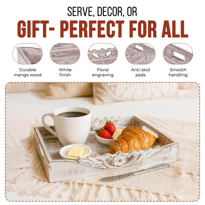 Mela Artisans Distressed White Wooden Decorative Tray with Handles | 16x12x2.5 Mango Wood Ottoman Tray | for Kitchen Countertop | Coffee Table | Snacks | Desserts | Breads | Bedroom Decor - Image 3