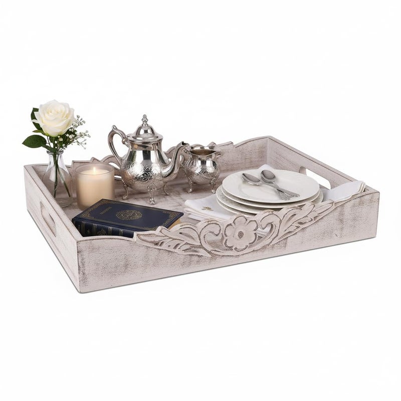 Mela Artisans Distressed White Wooden Decorative Tray with Handles | 16x12x2.5 Mango Wood Ottoman Tray | for Kitchen Countertop | Coffee Table | Snacks | Desserts | Breads | Bedroom Decor - Image 1
