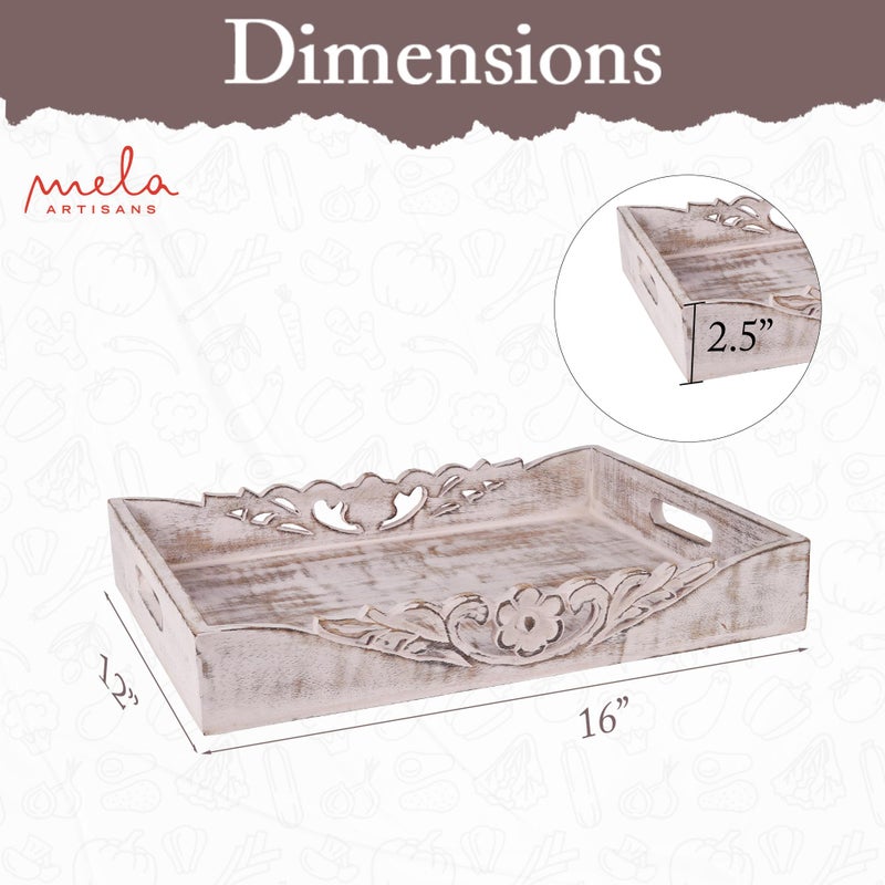 Mela Artisans Distressed White Wooden Decorative Tray with Handles | 16x12x2.5 Mango Wood Ottoman Tray | for Kitchen Countertop | Coffee Table | Snacks | Desserts | Breads | Bedroom Decor - Image 2