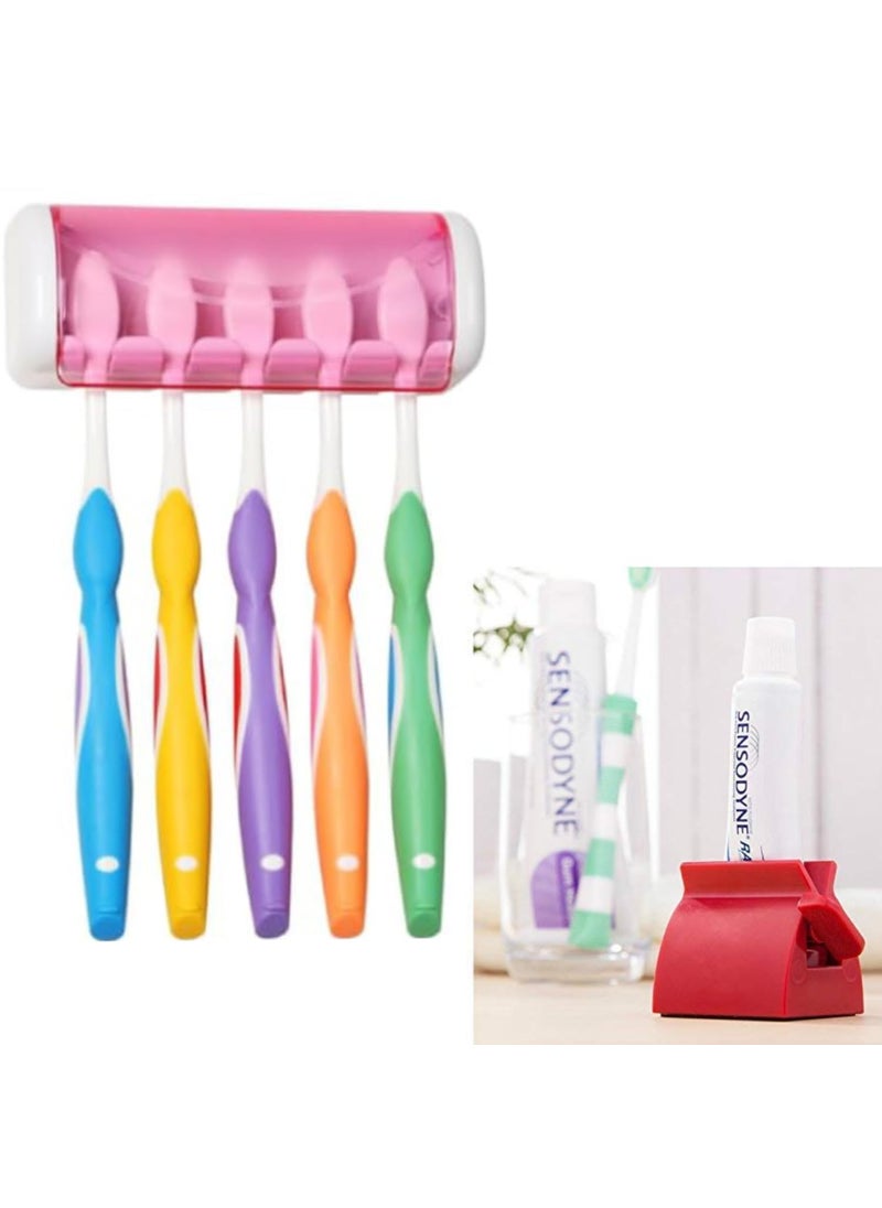 Prostuff.in Prostuffin 1 Pcs Easily Wall Mounted 5 Toothbrush Holder Storage with Dust Proof Cover Holder with Plastic Tooth Paste Squeezer Cream Tube Squeezing Dispenser Rolling Free Multicolor  - Image 1
