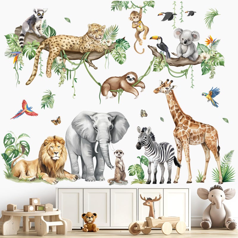 decalmile Large Jungle Animals Tree Branch Wall Stickers Safari Elephant Giraffe Leopard Tropical Leaves Wall Decals Baby Nursery Kids Room Wall Decor(XXL) - Image 2