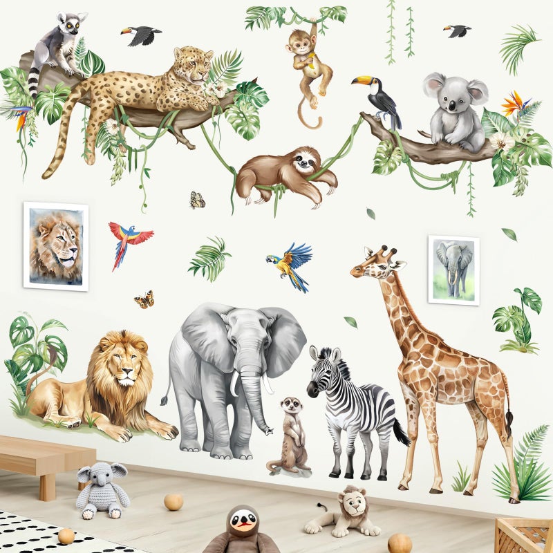 decalmile Large Jungle Animals Tree Branch Wall Stickers Safari Elephant Giraffe Leopard Tropical Leaves Wall Decals Baby Nursery Kids Room Wall Decor(XXL) - Image 1
