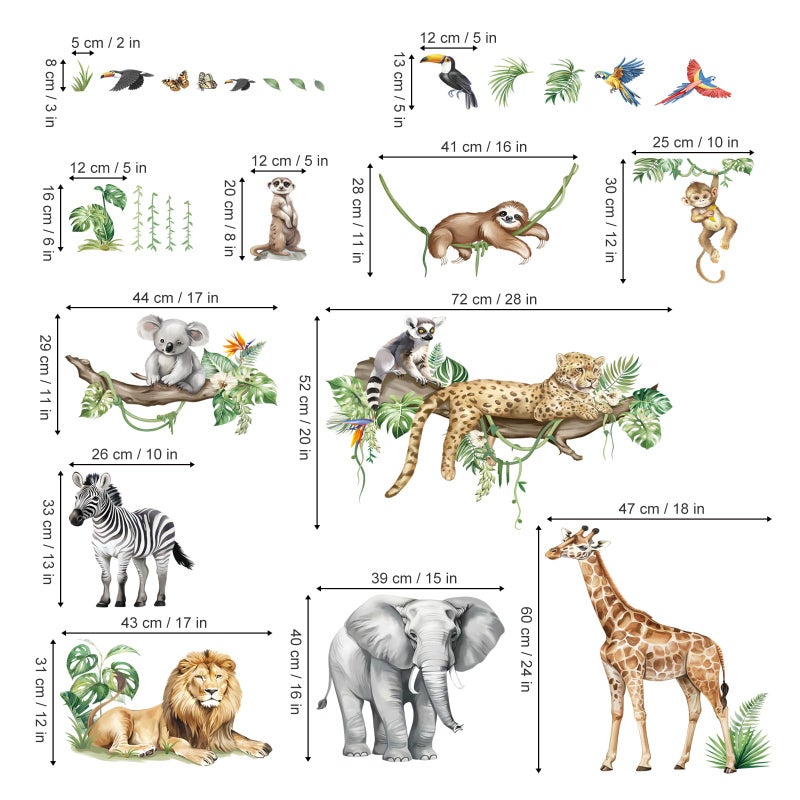 decalmile Large Jungle Animals Tree Branch Wall Stickers Safari Elephant Giraffe Leopard Tropical Leaves Wall Decals Baby Nursery Kids Room Wall Decor(XXL) - Image 4