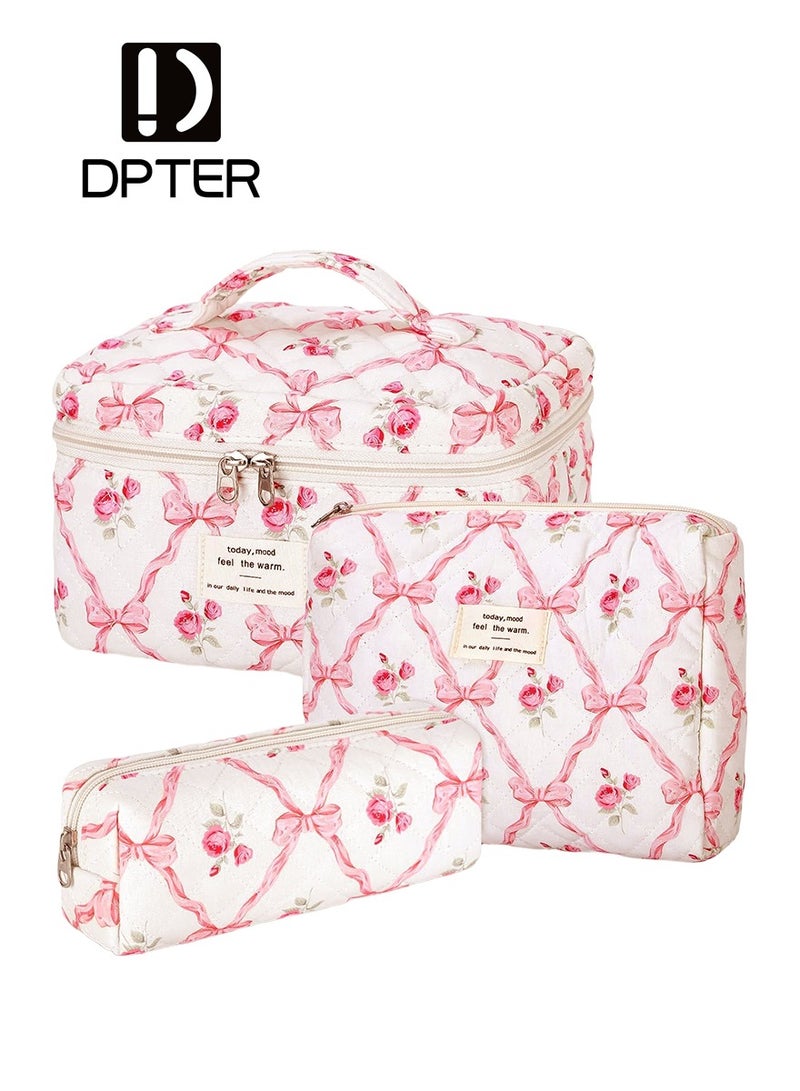 DPTER 3 Pieces Large Cotton Quilted Makeup Bag for Women and Girls, Large Capacity Foldable Puffy Makeup Bag, Lovely Floral Cotton Cosmetic Bag, Aesthetic Travel Organized Toiletry Bags  (Pink Bows) - Image 1