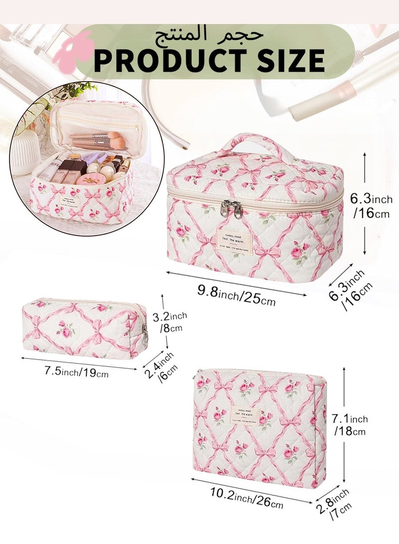 DPTER 3 Pieces Large Cotton Quilted Makeup Bag for Women and Girls, Large Capacity Foldable Puffy Makeup Bag, Lovely Floral Cotton Cosmetic Bag, Aesthetic Travel Organized Toiletry Bags  (Pink Bows) - Image 2