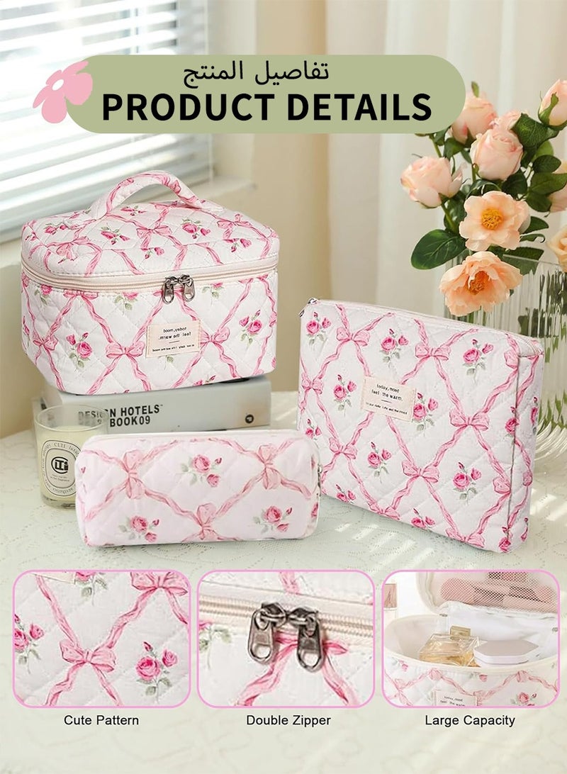 DPTER 3 Pieces Large Cotton Quilted Makeup Bag for Women and Girls, Large Capacity Foldable Puffy Makeup Bag, Lovely Floral Cotton Cosmetic Bag, Aesthetic Travel Organized Toiletry Bags  (Pink Bows) - Image 3