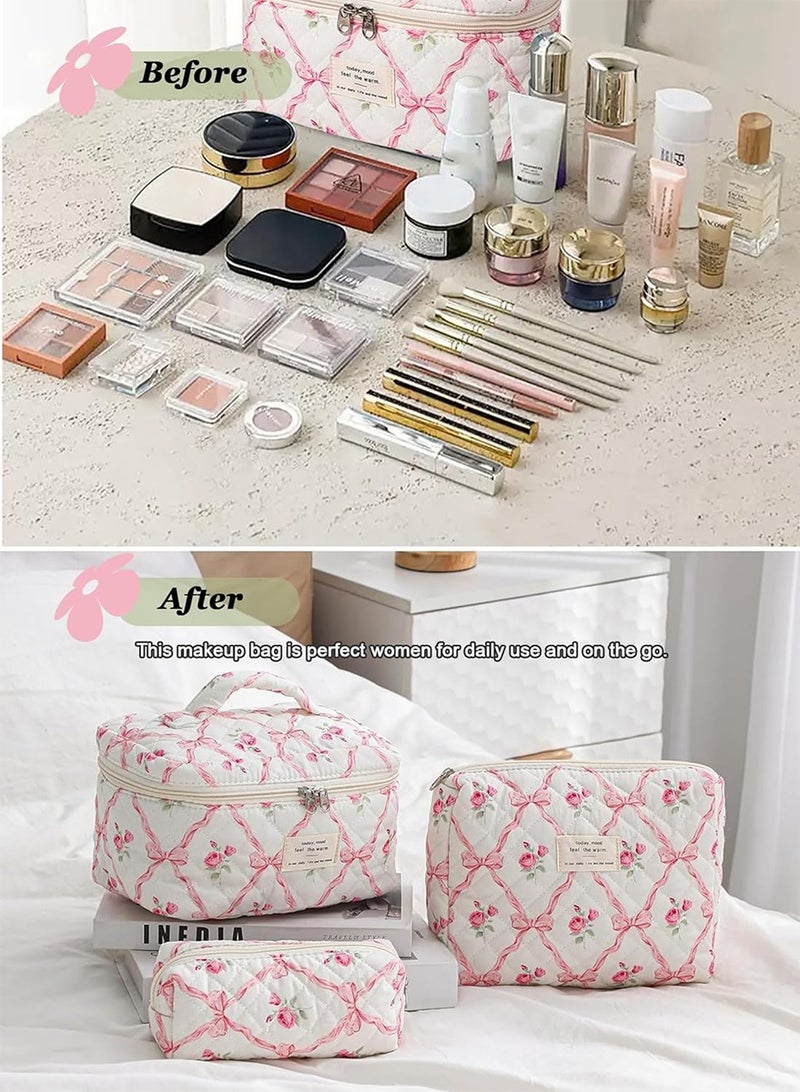 DPTER 3 Pieces Large Cotton Quilted Makeup Bag for Women and Girls, Large Capacity Foldable Puffy Makeup Bag, Lovely Floral Cotton Cosmetic Bag, Aesthetic Travel Organized Toiletry Bags  (Pink Bows) - Image 4
