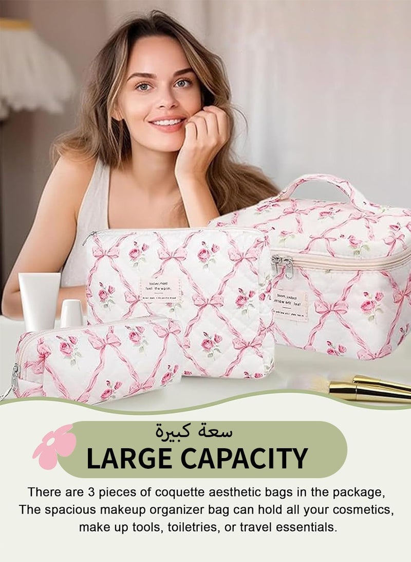 DPTER 3 Pieces Large Cotton Quilted Makeup Bag for Women and Girls, Large Capacity Foldable Puffy Makeup Bag, Lovely Floral Cotton Cosmetic Bag, Aesthetic Travel Organized Toiletry Bags  (Pink Bows) - Image 5