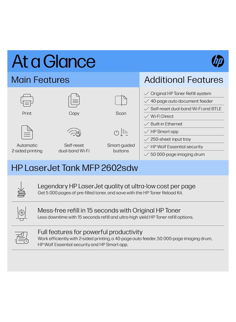 HP طابعة LaserJet Tank MFP 2602sdw، أبيض وأسود، 22 صفحة في الدقيقة، طابعة للأعمال، المسح الضوئي إلى البريد الإلكتروني/PDF؛ طباعة على الوجهين؛ وحدة تغذية المستندات التلقائية سعة 40 ورقة؛ واي فاي؛ مملوء مسبقًا بالحبر لطباعة ما يصل إلى 5000 صفحة-2R7F5A أبيض - Image 2