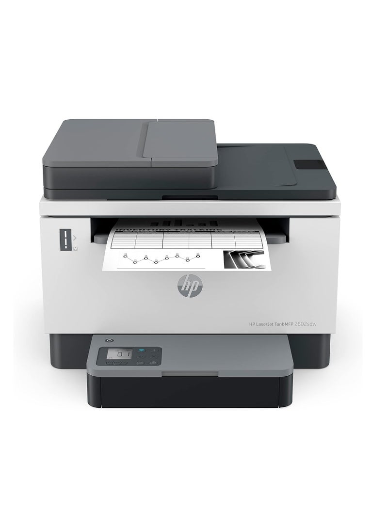 HP طابعة LaserJet Tank MFP 2602sdw، أبيض وأسود، 22 صفحة في الدقيقة، طابعة للأعمال، المسح الضوئي إلى البريد الإلكتروني/PDF؛ طباعة على الوجهين؛ وحدة تغذية المستندات التلقائية سعة 40 ورقة؛ واي فاي؛ مملوء مسبقًا بالحبر لطباعة ما يصل إلى 5000 صفحة-2R7F5A أبيض - Image 1