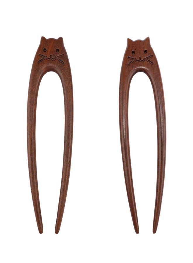 CUBACO 2Pcs Wooden Hair Sticks Handmade Carved Wood Hair Forks with Cute Cat Design U Shape Vintage French Twist Hair Pins for Women Girls Decorative Accessories for Women Girls Long Thick Hair Updo - Image 1