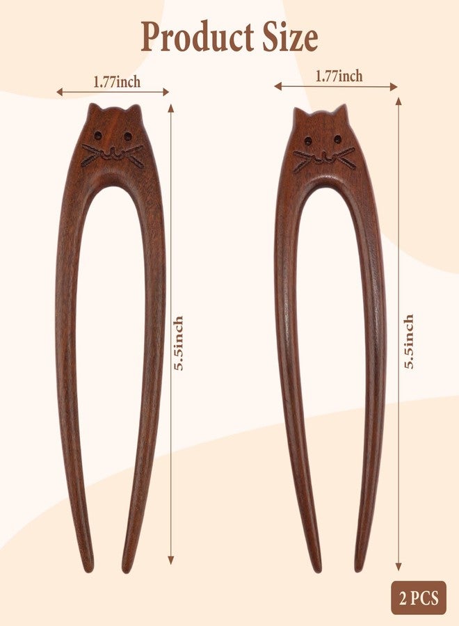 CUBACO 2Pcs Wooden Hair Sticks Handmade Carved Wood Hair Forks with Cute Cat Design U Shape Vintage French Twist Hair Pins for Women Girls Decorative Accessories for Women Girls Long Thick Hair Updo - Image 3