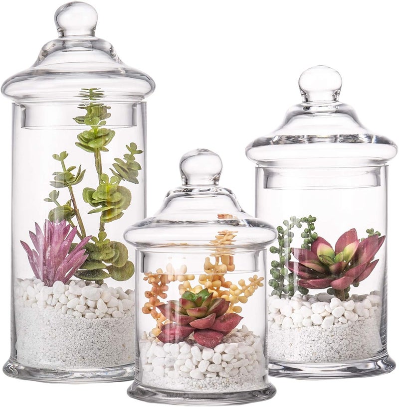 Diamond Star Glass Apothecary Jars with Lids, Set of 3 - Bathroom Storage Organizer for Qtips, Cotton Balls, Bath Salts, Candy, Kitchen & Home Decor (11", 8.5", 7.5" Heights) - Image 1
