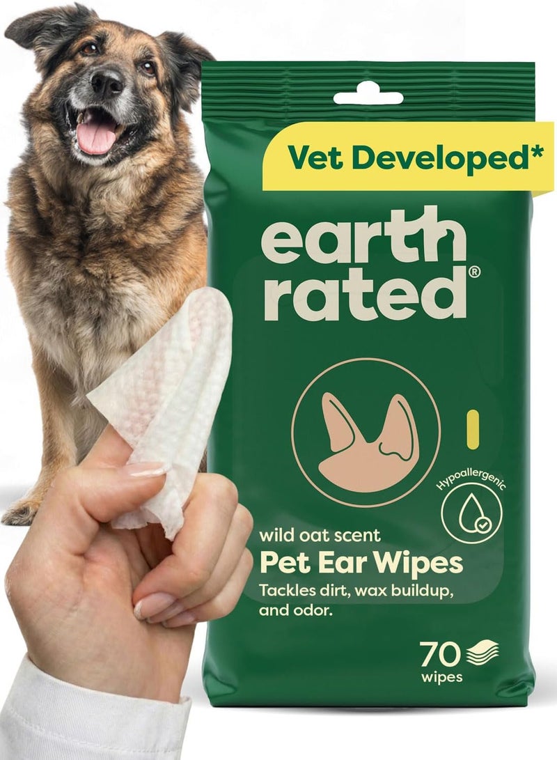 إيرث ريتد مناديل الأذن للحيوانات الأليفة من Earth Rated، مناديل أذن مضادة للحساسية للكلاب والقطط لإزالة الأوساخ وتراكم الشمع، برائحة الشوفان، 70 منديل هيكل معزز ومتين - Image 1