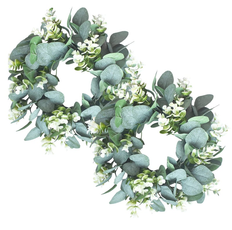 LSKYTOP 2 Pcs Green Eucalyptus Wreath Artificial Farmhouse Wreath for Door Wall Window Decor,11Inch/PC - Image 1