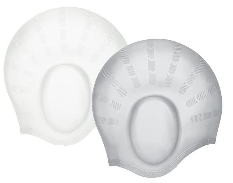 Spanker Unisex Swim Caps with 3D Ear Protection, Durable Flexible Silicone Swimming Hats for Women Men Kids Adults, Pack of 2 (White and Grey Combo) SSTP - Image 1