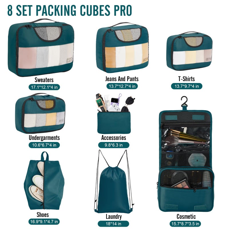Veken 8 Set Packing Cubes for Travel Essentials, Suitcase Organizer Bags in 4 Sizes, Carry-On Luggage Accessories with Large Laundry & Hanging Toiletry Bag, Must-Have for Airplane, Road Trip & Camping - Image 2