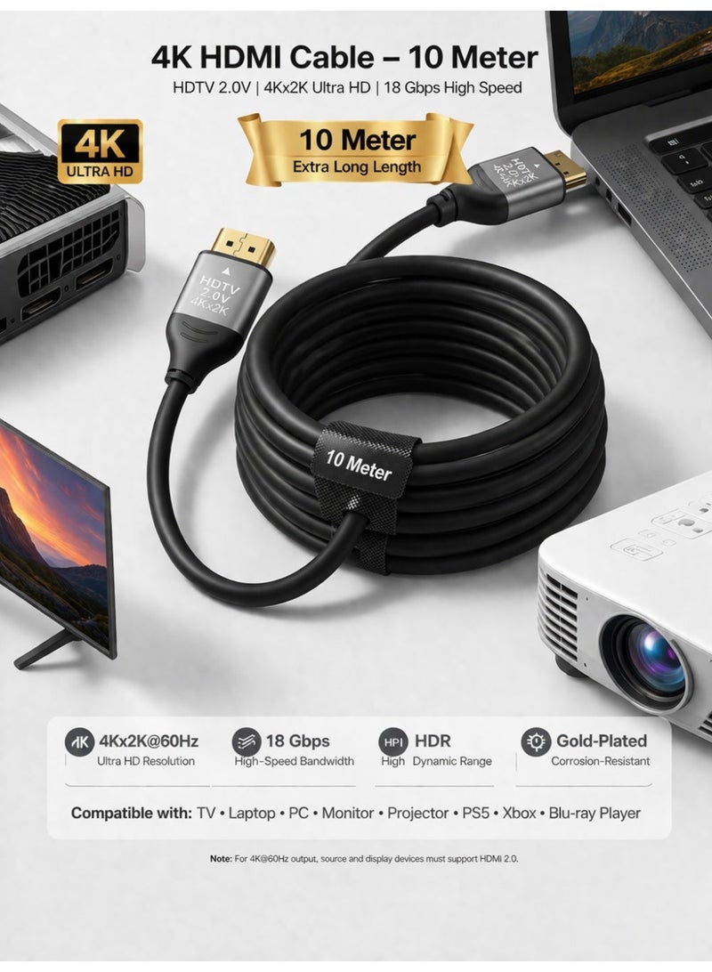برايت كابل HDMI فائق السرعة 4K 2.0 بطول 10 أمتار - يدعم HDMI 2.0 4K ذكر إلى ذكر بطول 10 أمتار بدقة 4K عند 60 هرتز، و4K عند 120 هرتز، و2K عند 240 هرتز، و1080 بكسل عند 240 هرتز، و48 جيجابت في الثانية، وثلاثي الأبعاد، وHDR، وHDCP، وeARC، وDolby - كابل HDMI فائق السرعة لأجهزة الكمبيوتر المحمولة والكمبيوتر والشاشات وأجهزة العرض والتلفزيون وبلايستيشن 4 وبلايستيشن 5 وإكس بوكس ​​وسويتش وأجهزة التلفزيون عالية الدقة - Image 2