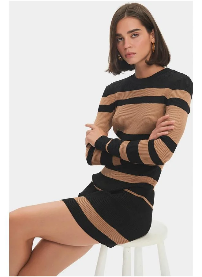 JUNE June Women Striped Mini Knit Dress Tan - Black