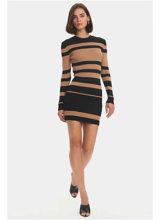 جون June Women Striped Mini Knit Dress Tan - Black